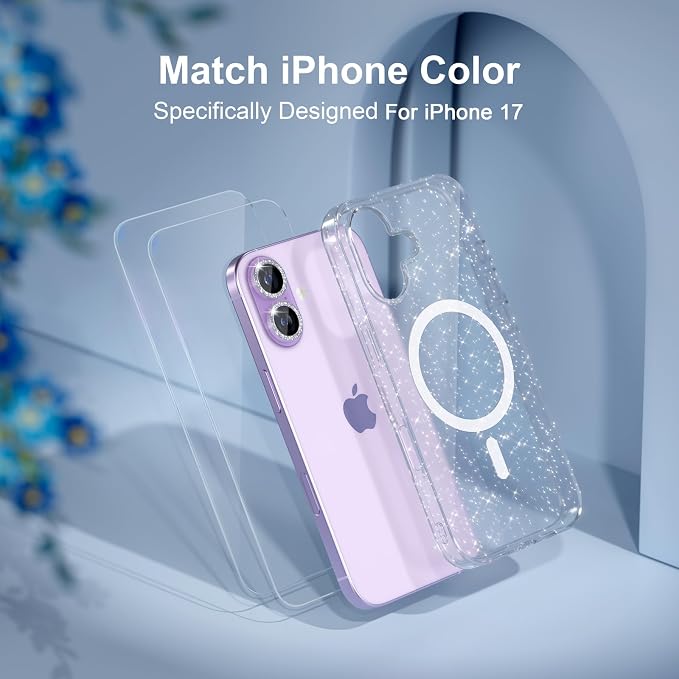Choiche Magnetic for iPhone 17 Case Compatible with MagSafe, Women Cute Glitter Sparkly Phone Case with Diamond Camera Lens Protectors, Military-Grade Drop Protection 6.3" (Clear)