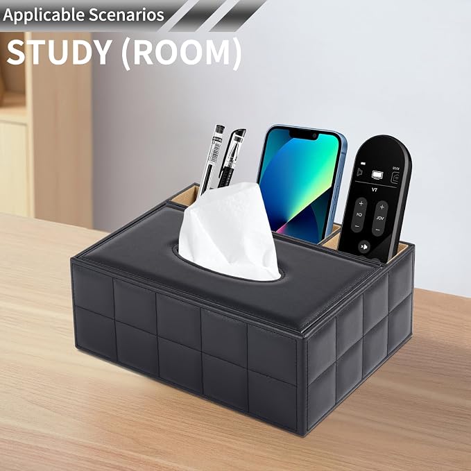 PU Leather Rectangular Tissue Box Cover - Multifunctional Tissue Box Holder with Stationery Remote Control Box, Decorative Tissue Pen Remote Organizer for Home/Office/Restaurant