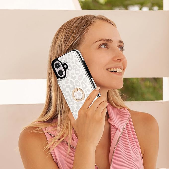 HAOPINSH for iPhone 16 Wallet Case with Card Holder, 360°Rotation Ring Kickstand, White Leopard Pattern, RFID Blocking Leather for Girls Women, Double Buttons Protective Cover 6.1"