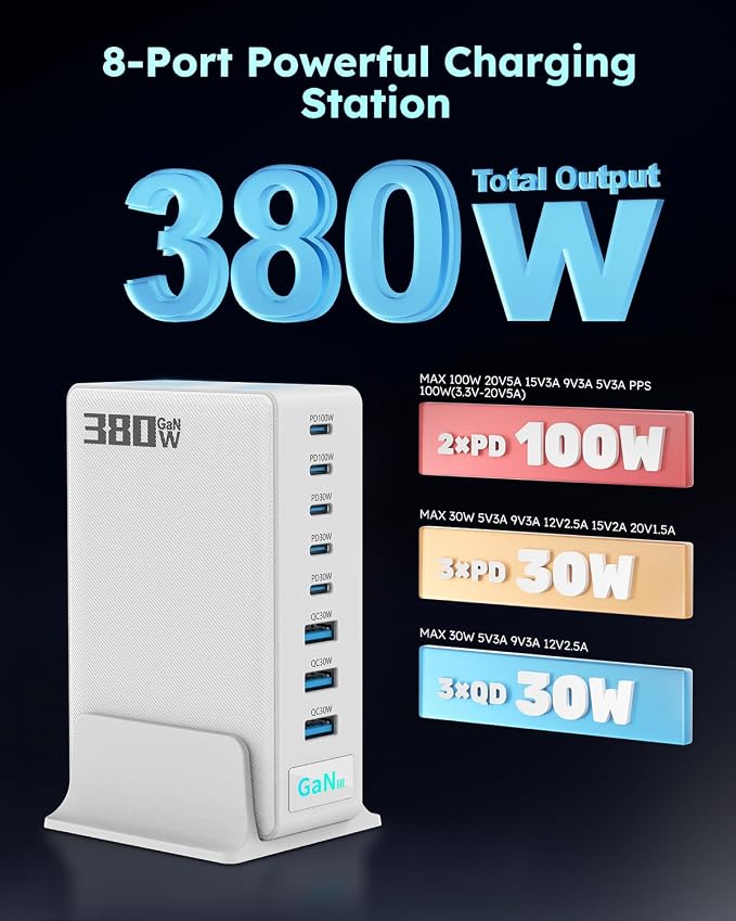 380W USB-C Charger Block, 8-Port USB-C Charging Station PD 30W + 100W PC Laptop, Fast Charging Hub with High-Power Fast Charging Cable for MacBook Pro/Air, DELL, iPad, iPhone, Samsung Galaxy, White