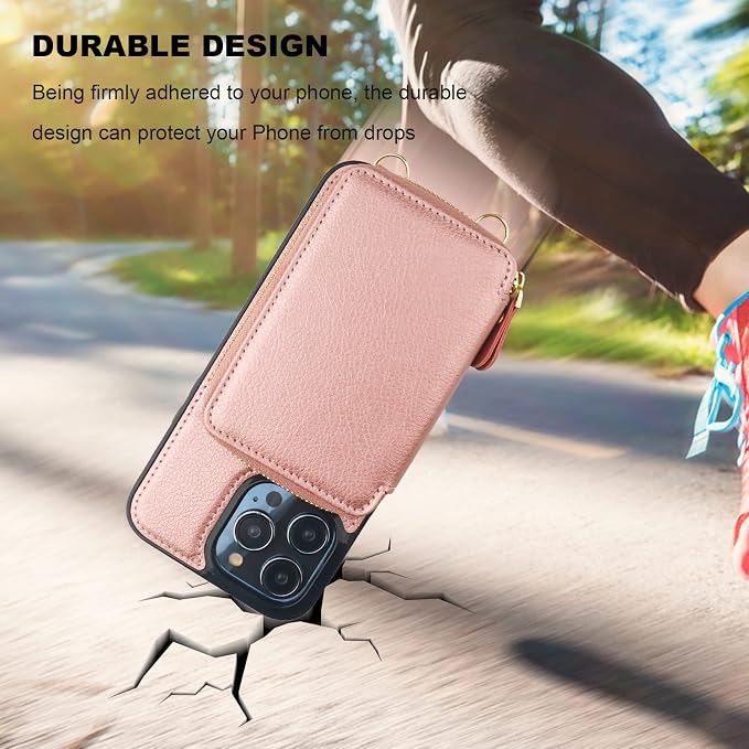 Bocasal RFID Blocking Wallet Case for iPhone 14 Pro Max, Adjustable Crossbody Zipper Purse with Kickstand and Detachable Wrist Strap, PU Leather Flip Folio Case 6.7 Inch 5G (Rose Gold)