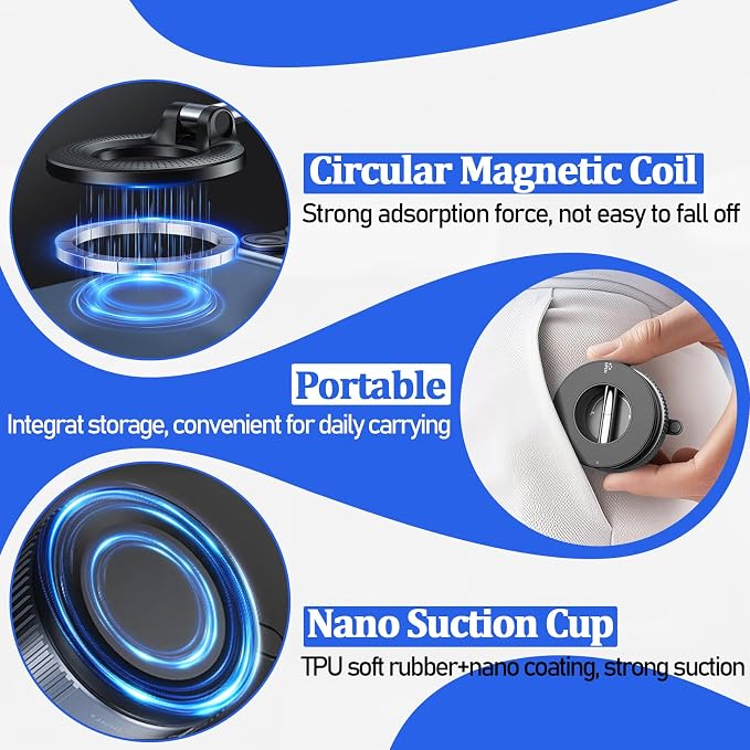 Vacuum Magnetic Car Phone Holder Stand,Reinforced Ultra-Strong Vacuum Suction Cup,360° Rotation&Foldable,Universal Dashboard Windshield/Gym/Mirror/Kitchen Phone Stand,for All iPhone Series&All Android