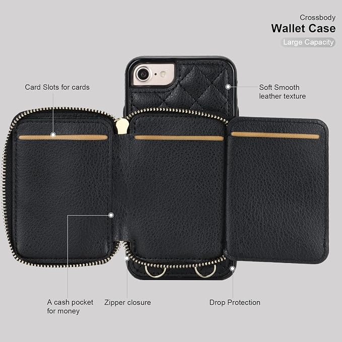 Bocasal Crossbody Wallet Case for iPhone SE 2022/SE 2020/8/7, RFID Blocking PU Leather Zipper Handbag Purse Flip Cover, Kickstand Folio Case with Card Slots Holder Wrist Strap Lanyard 4.7 Inch (Black)