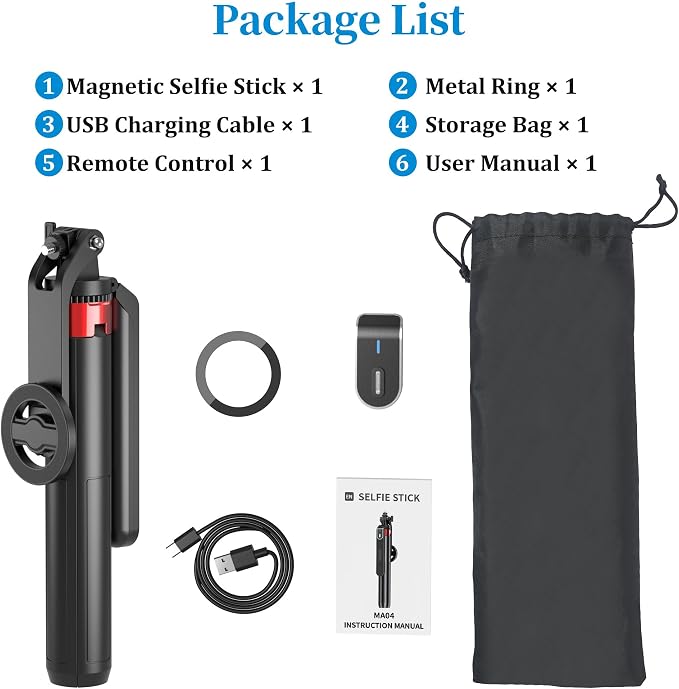 PlusAcc 69” Magnetic Selfie Stick Tripod - Extendable Phone Mount for MagSafe, 360°Rotation Travel Stand with Rechargeable Remote, Compatible with iPhone, Camera, Video Recording