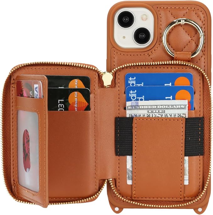 Crossbody Wallet Case for iPhone 14 Plus, PU Leather Zipper Handbag Purse Flip Cover, Kickstand Folio Case with Card Slots Holder Wrist Strap Lanyard 5G 6.7 Inch-Brown
