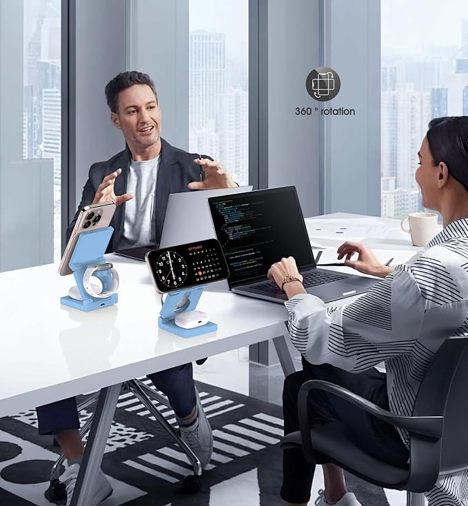 3 in 1 Wireless Charging Station for Apple Multple Devices - Foldable Magnetic Wireless Charger Dock -Travel 18W Charging Pad for iPhone 16 15 14 13 12 Pro/Pro Max/Plus/Watch & Airpods All Series Blue