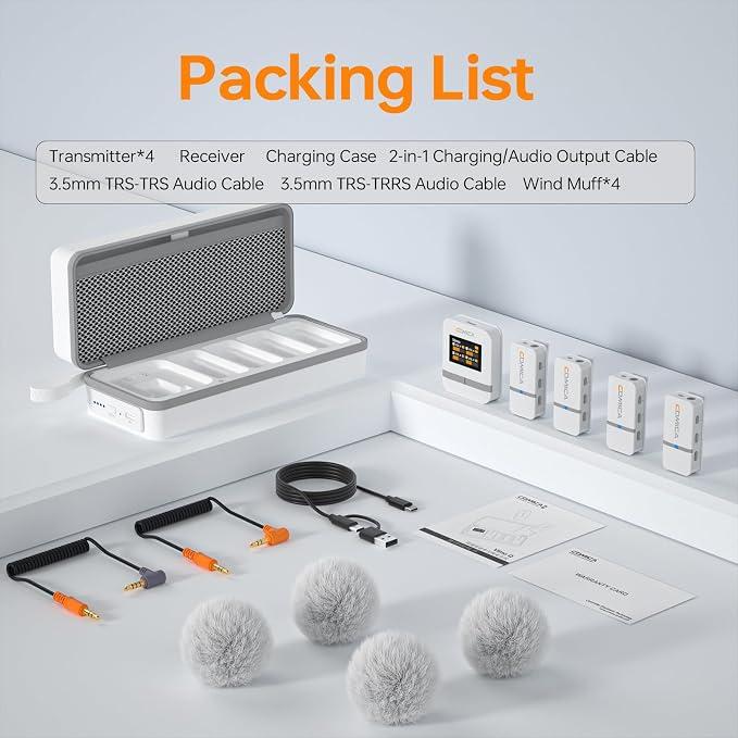 COMICA Vimo Q 4 Channel Wireless Lavalier Microphone System with Noise Cancellation, 4 Audio Tracks Output, 656ft Range, Wireless Mic for DSLR Camera, iPhone, Android,Recording Livestream(White)