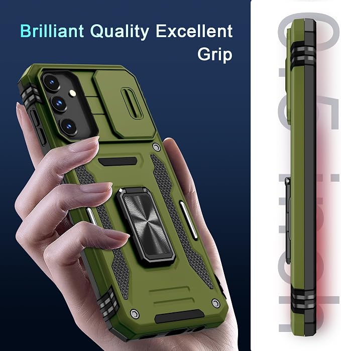 DEERLAMN Case for Samsung Galaxy A15 5G with Slide Camera Cover+Screen Protector (1 Pack), Rotated Ring Kickstand Military Grade Shockproof Protective Cover-Olive Green