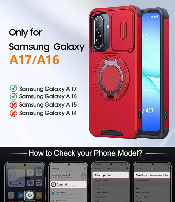 JAME for Samsung Galaxy A17/A16 5G Case, Ring Holder Stand, Slide Camera Cover, 2 Pack Screen Protectors, Dual-Layer Shockproof Protective, Magnetic Accessory Friendly Galaxy A16/A17 4G Case, Red