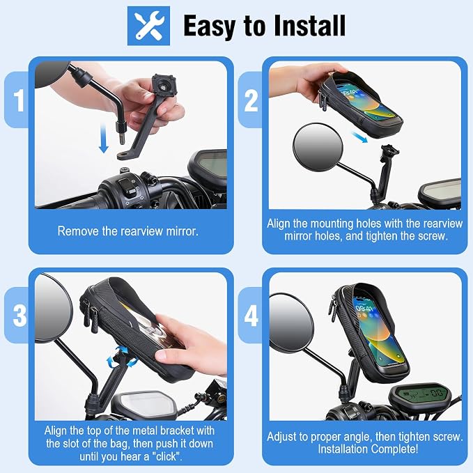 Waterproof Motorcycle Phone Mount 360° Rotation Motorcycle Rearview Mirror Phone Holder Anti-Shake Large Capacity Motorcycle Cell Phone Holder with Sun Visor and TPU Touch Screen