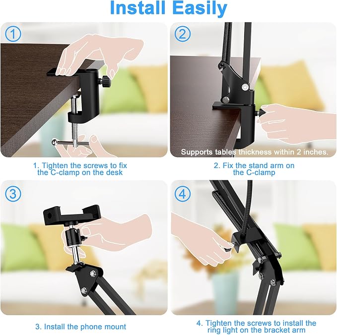 Overhead Camera Mount with Ring Light, 6‘’ Overhead Phone Mount Compatible with iPhone Camera Webcam, Articulating Arm Phone Mount for YouTube Live Stream Cooking Nail Video Recording