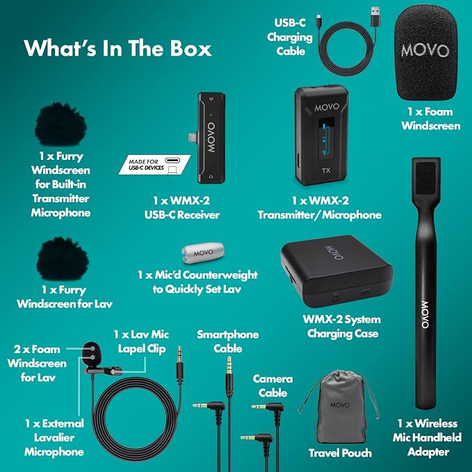 Movo WMX-2-C USB-C Wireless Lavalier Microphone for iPhone 15/Android/USB C Devices with WMX-HM Handheld Adapter - Lapel Mic with Handle Mount for Content Creators, Interviews, Reporting