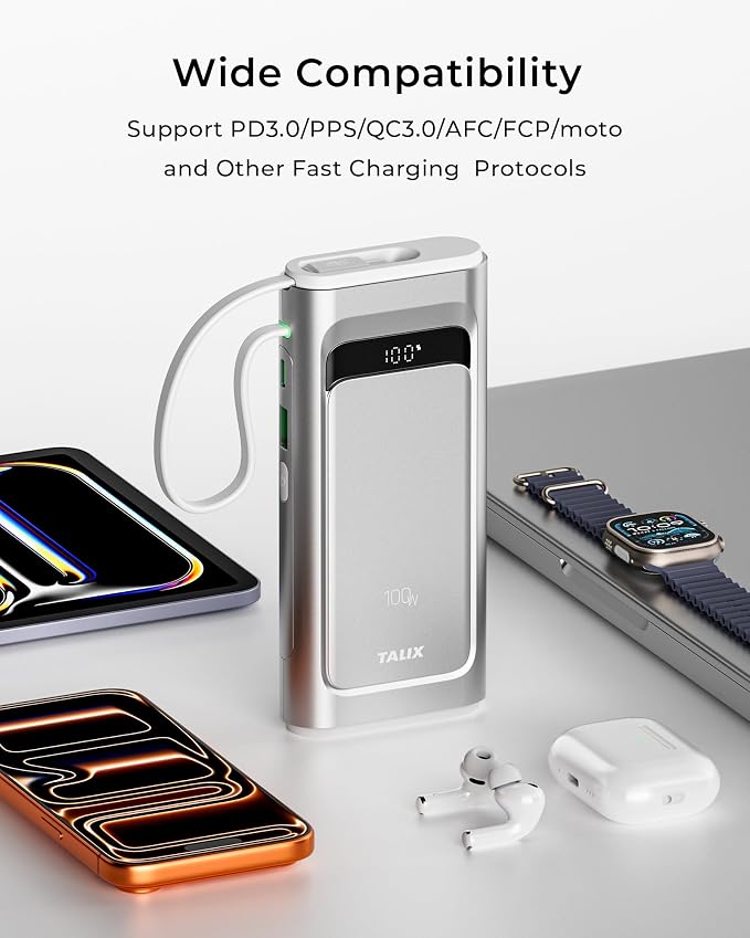 TALIX Portable Charger 100W, 10000mAh Power Bank with Built-in USB-C Cable, 3-Port Fast Charging Battery Pack for iPhone 17/16/15 Series, Samsung Galaxy, iPad, Steam Deck, Travel Essentials