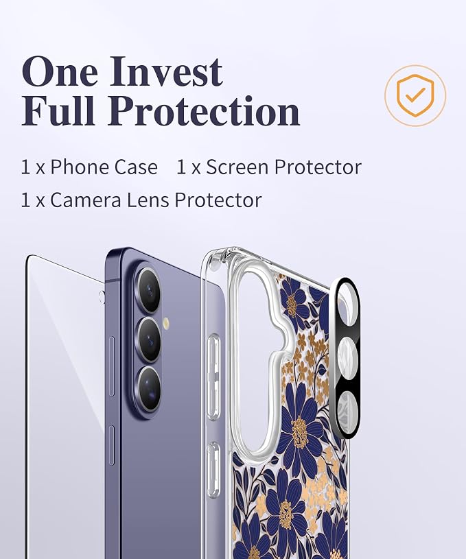 GVIEWIN for Samsung Galaxy S26 Case, Clear Floral Slim Shockproof Protective Women Phone Case, Non-Yellowing, with Screen Protector & Camera Lens Protector for Galaxy S26 6.3", Primula/Deep Purple