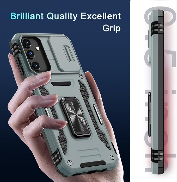 DEERLAMN Case for Samsung Galaxy A15 5G with Slide Camera Cover+Screen Protector (1 Pack), Rotated Ring Kickstand Military Grade Shockproof Protective Cover-Grey