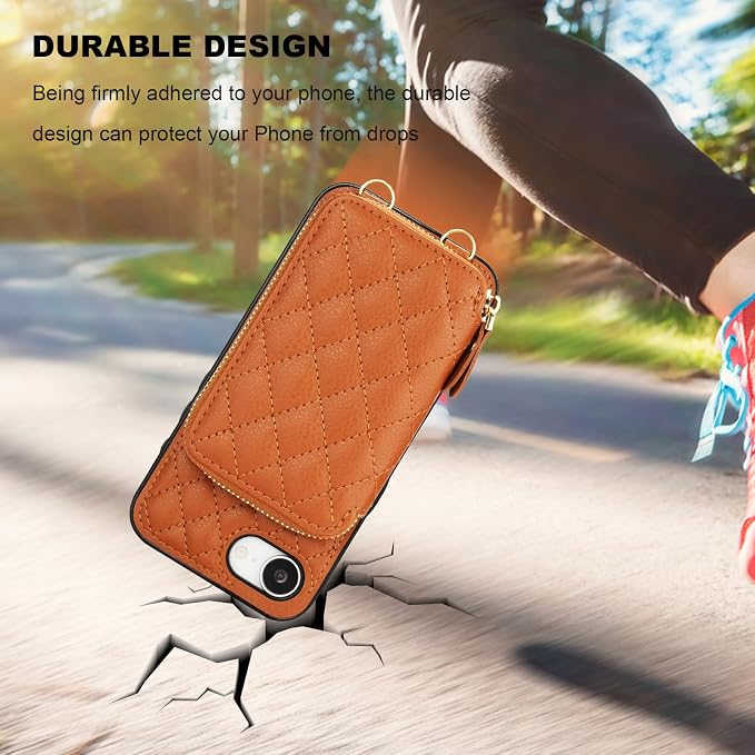 Bocasal Crossbody Wallet Case for iPhone 17e/16e, RFID Blocking PU Leather Zipper Handbag Purse Flip Cover, Kickstand Folio Case with Card Slots Holder Wrist Strap Lanyard 6.1 Inch 5G (Brown)