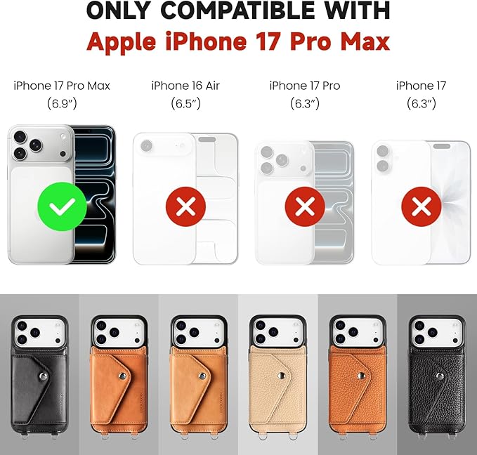 LUCKYCOIN for iPhone 17 Pro Max Crossbody Wallet Case – Genuine Leather Phone Purse with Adjustable Strap and Card Holder,Lanyard Phone Purse Case for Women,Pebble Grain Beige