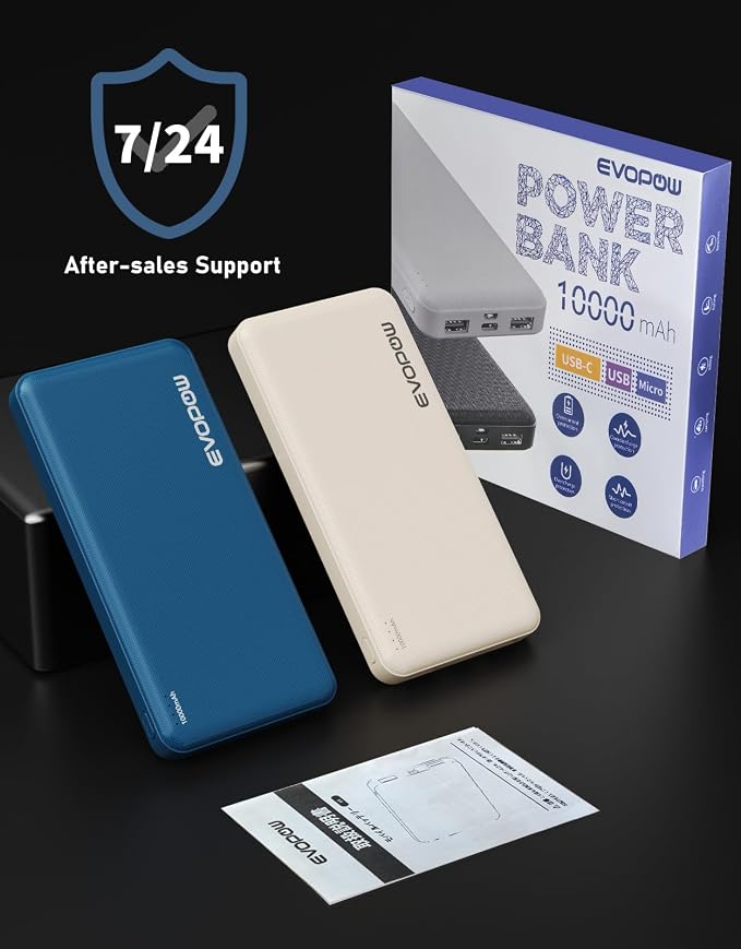 2Pack Portable Charger, 10000mAh Power Bank, Battery Pack, External Battery | Slimmer, Fast Charging, USB C in&Out, for iPhone Tablet Samsung Pixel Headphones etc (Blue&Beige)