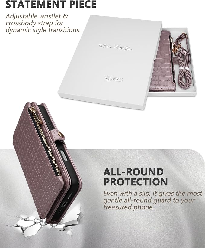 Crossbody Wallet Case for iPhone 16 Pro Max with Mirror, Wrist Strap, Zipper Purse Magnetic Flip RFID Blocking Card Holder, Wireless Charging, PU Leather Shockproof 6.9" Women (Rose Gold)