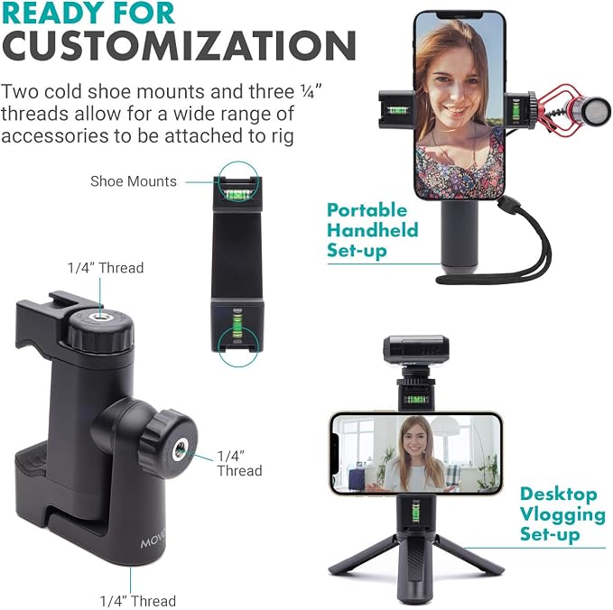 Movo PR-3 Rotating Smartphone Grip Handle Rig with Vertical and Horizonal Positions, Wrist Strap, Tripod Mount, Cold Shoe Mount for Lights and Microphones - for iPhone, Samsung, Google, Android Phones