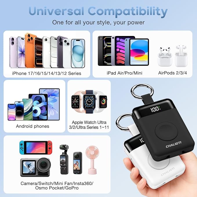 10000mAh Portable Charger,PD 22.5W Super Fast Charging Power Bank with Built-in Cables, Travel Keychain Battery Pack for iPhone 17/16/15/14/13/12,Apple Watch Ultra/11/10/9/8/7/6/SE (Black)