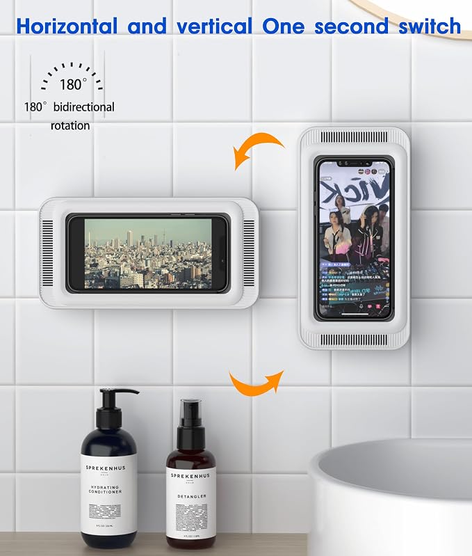 Mistriddle Waterproof Shower Phone Holder with 360° Rotation, Angle Adjustable, Enhanced Sound Quality, Wall Mounted Phone Holder for Bathroom Mirror Bathtub Kitchen, Up to 7 Inch (White)