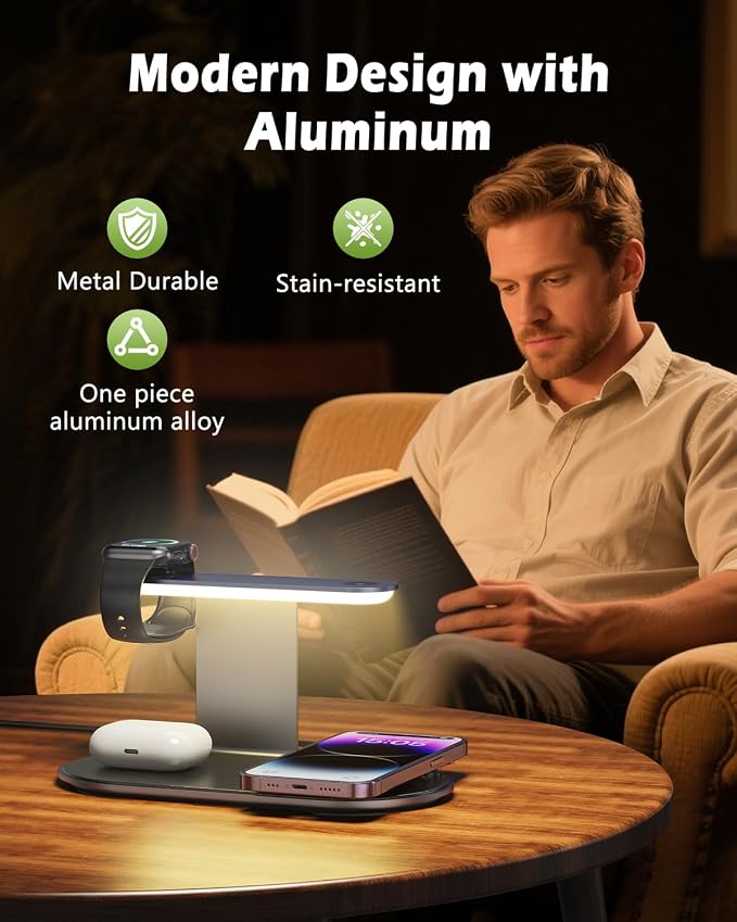 KeeKit Wireless Charger, 4 in 1 Wireless Charging Station with Dimmer Night Light, Fast Charging Dock for iPhone, iWatch, AirPods, Lamp Charging Station for Bedroom, Desk, Office