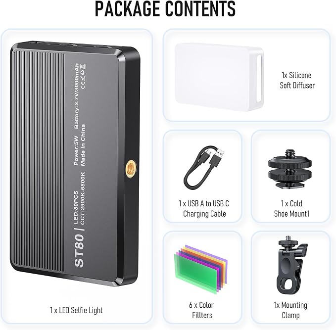 80 LED Video Light, Portable USB Photo Light Dimmable 2500-9000K CRI 95+ 3000mAh Battery with Colored Filters and Clip, Photo Lamp for Phone/iPad/Laptop/Camera