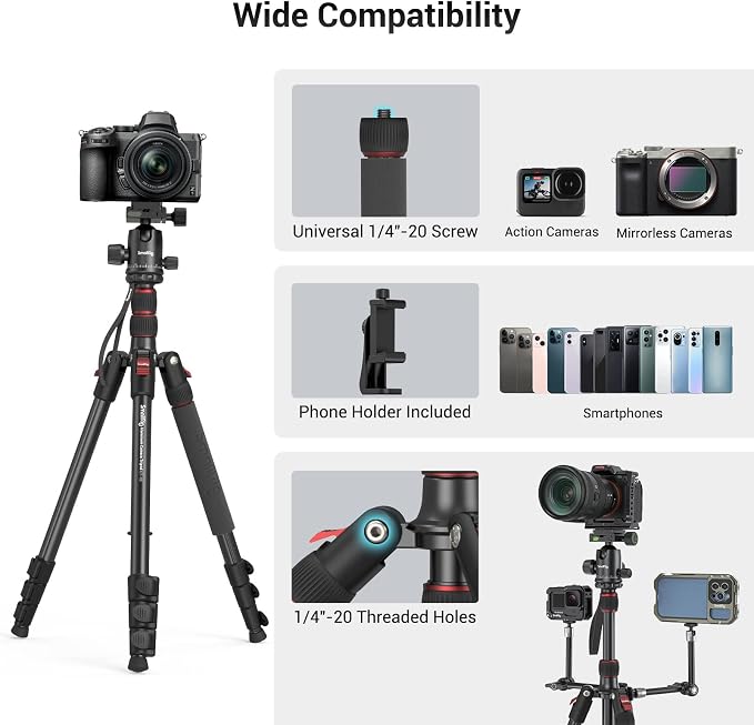 SmallRig Camera Tripod, 71" Foldable Aluminum Tripod/Monopod, 360°Ball Head Detachable, Payload 33lb, Adjustable Height from 16" to 71" for Camera, Phone
