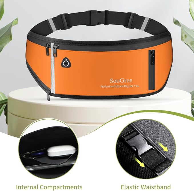SooGree Slim Running Belt Fanny Pack, Resistant Waist Pack Money Belt Bag for Hiking Cycling Workout, Gym Phone Holder with Adjustable Strap (Orange)