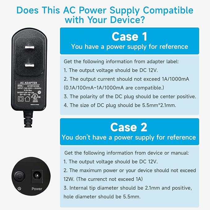 UL Listed 12V 1A Power Supply Adapter with 10ft Long Cord, 12V 1000mA 12W AC Adapter Charger Replacement for LED Strip Light Keyboard BT Speaker Router CCTV Camera Webcam DVR NVR and More