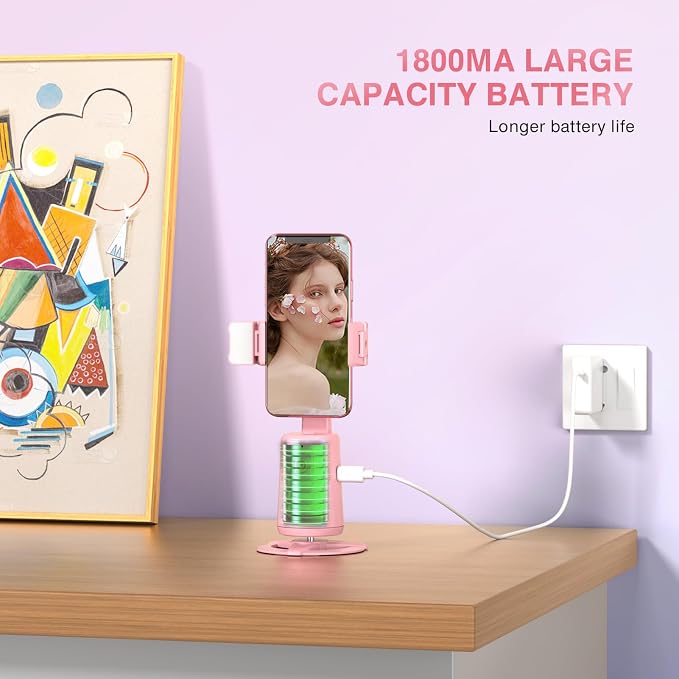 Auto Face Tracking Tripod 360° Rotating Cell Phone Photo and Video Kits Stand, No App, Camera Stand with Remote and Gesture Control, Rechargeable Smart Shooting Stand for Live Recording Tiktok(Pink)