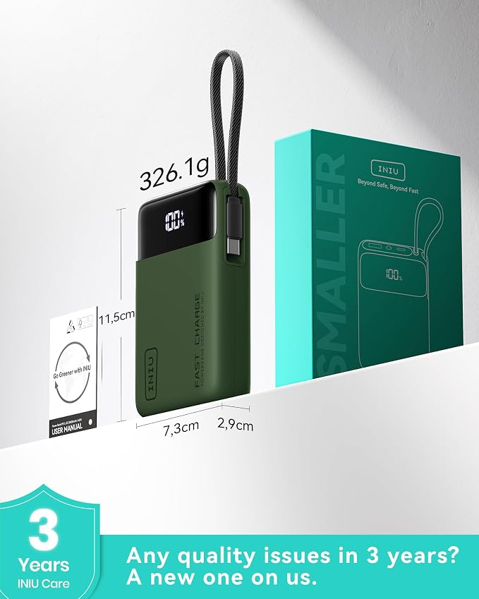 INIU 45W Portable Charger, Smallest 20000mAh Power Bank with Build in USB-C Cable, Fast Charging USB C in&Out Battery Pack, Travel Phone Charger for iPhone 17 16 15 Air Samsung S25 S24 Google, Green