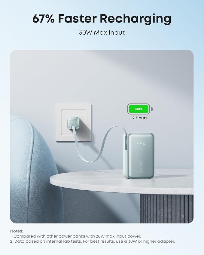 Anker Nano Portable Charger, 45W 10000mAh with 2.3 ft Retractable Cable, Compact Power Bank, Travel Essential Phone Battery Pack for iPhone 17/16 Series, iPad, Galaxy, Pixel, and More