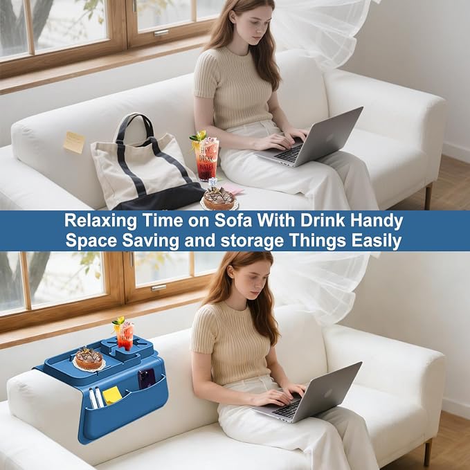 Silicone Couch Cup Holder for Tablet & Phone Stand, Sofa Arm Tray Organizer with Dual Side Pockets for Remotes Snacks Headphones & Glasses Drinks Anti-Slip & Heat Resistant Sofa Caddy (Blue)