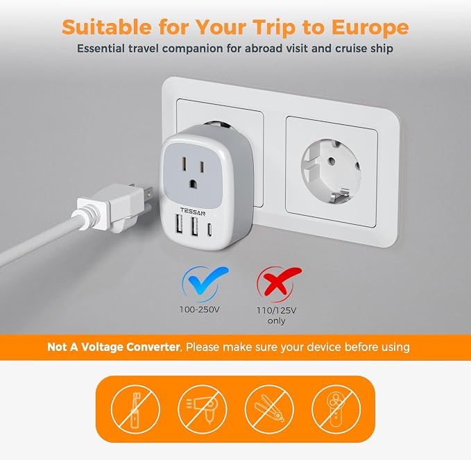 TESSAN 3 Pack US to European Travel Plug Adapter with 3 USB Ports (1 USB C)