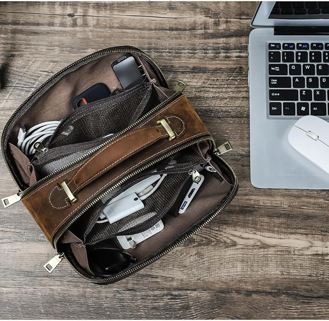 CONTACTS Full Grain Leather Tech Organizer Travel Case for Electronics Accessories Portable Cable Organizer Pouch with Handle, Storage Bag for Charger, Cables, Power Bank, Mouse