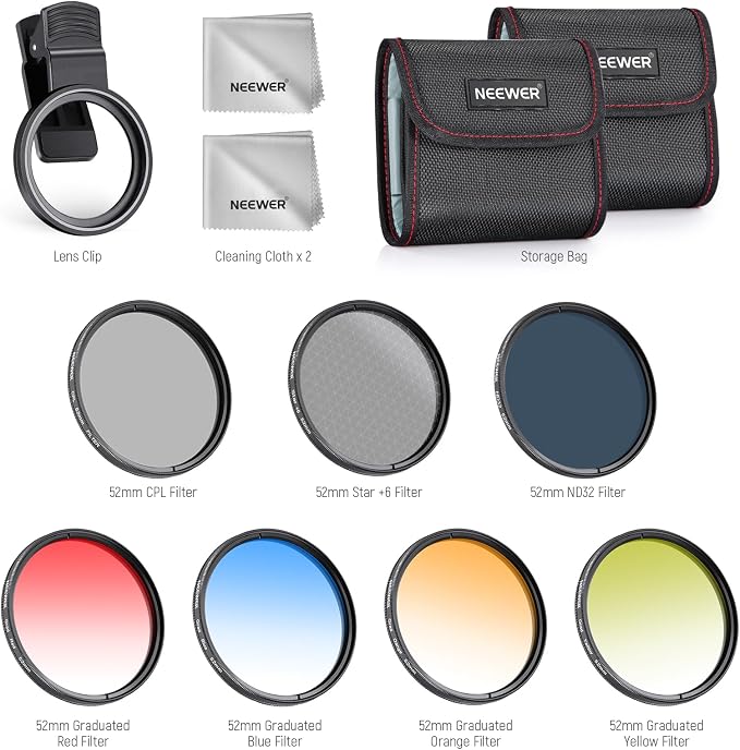 NEEWER 52mm 7 Pack ND Filter Set Compatible with iPhone, Clip On CPL+ ND32 + Starlight + GND (Red/Orange/Yellow/Blue) Phone Camera Lens Photography Accessories Kit