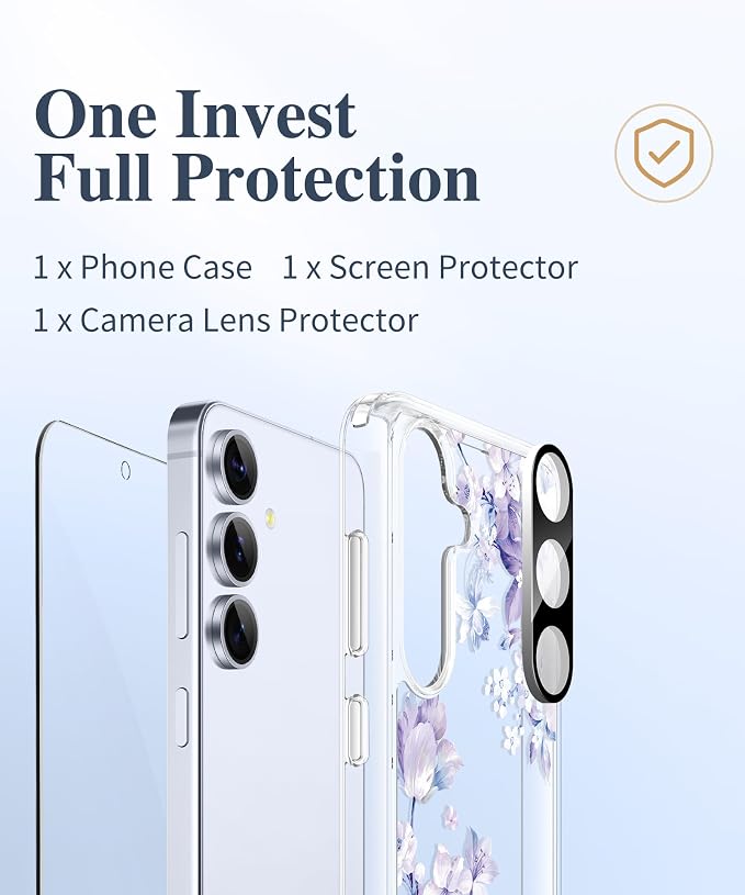 GVIEWIN for Samsung Galaxy S25 Case, Clear Floral Slim Shockproof Protective Women Phone Case, Non-Yellowing, with Screen Protector & Camera Lens Protector for Galaxy S25 6.2", Foliolosa/Blue