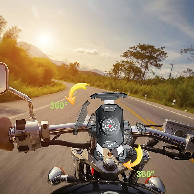 iMESTOU Motorcycle Wireless Phone Mount Charger -Motorcycle USB C 3.0 Phone Holder Qi 15W by Wiring/Plugging to USB A Socket Aluminium Handlebar Base Waterproof for 4-7" Cellphones
