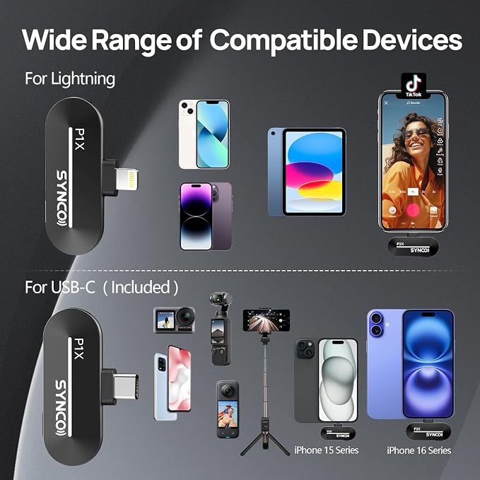 SYNCO Wireless Microphone for iPhone 15/16/17 & Android, 48kHz/24-bit, HiFi Sound Quality, P2XT Mini Microphone for Tiktok, YouTube, Streaming, Vlog Video Recording, USB-C Devices