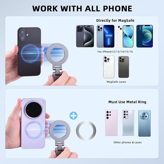 Magnetic Tripod for iPhone, Airplane Phone Holder for MagSafe Selfie Stick Adapter Travel Foldable Clip Clamp Plane Desktop Stand for iPhone 17 16 15 14 13 12 Pro Max Mini Accessories