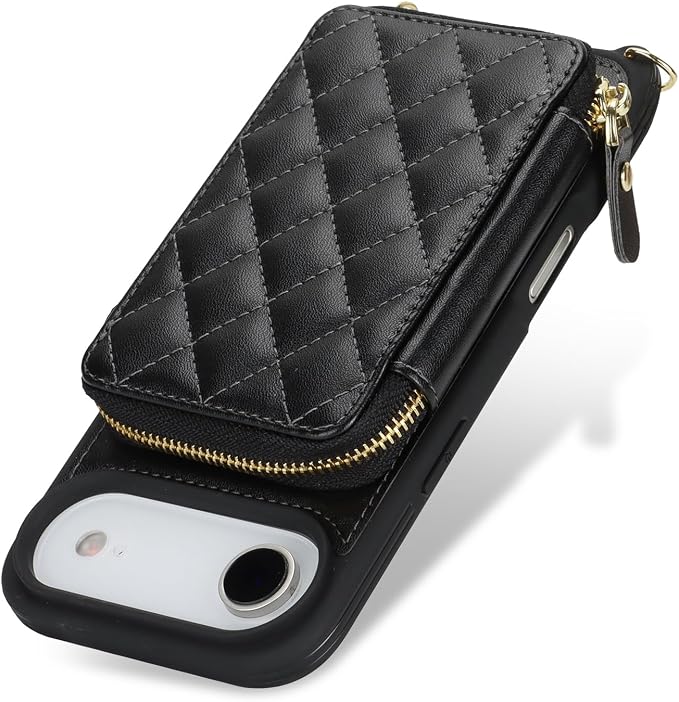 Crossbody Wallet Case for iPhone Air, PU Leather Zipper Handbag Purse Flip Cover, Kickstand Folio Case with Card Slots Holder Wrist Strap Lanyard 5G 6.5 Inch-Black