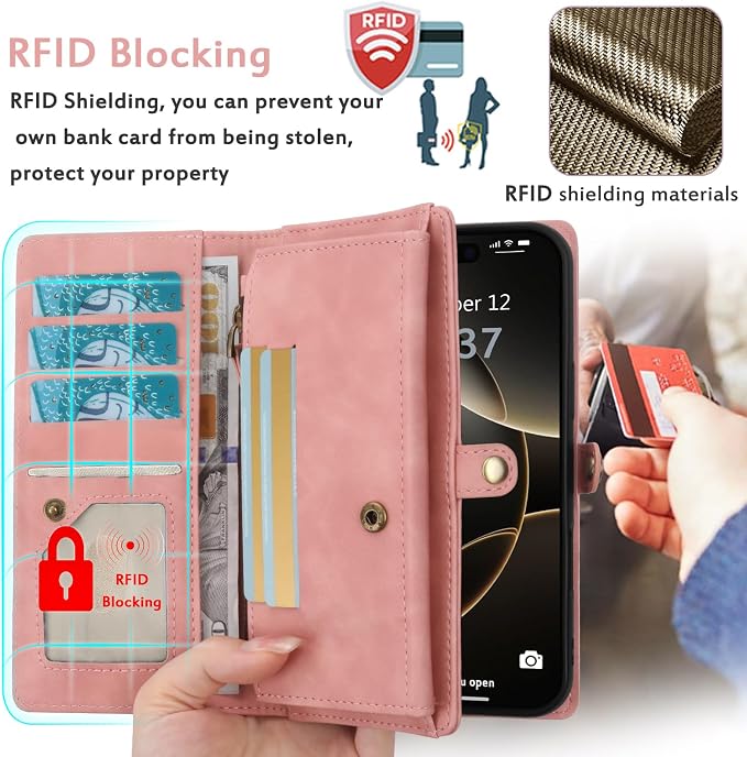 for Wallet Case Compatible with iPhone 15 Pro Max,Multi-Function Detachable 2 in 1 Magnetic iPhone 15 Pro Max Case Wallet,Flip Strap Zipper Card Holder Phone Case with Shoulder Straps (Pink)