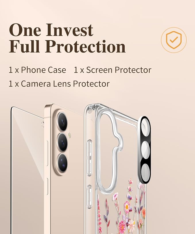 GVIEWIN for Samsung Galaxy S26 Case, Clear Floral Slim Shockproof Protective Women Phone Case, Non-Yellowing, with Screen Protector & Camera Lens Protector for Galaxy S26 6.3", Floratopia/Orange