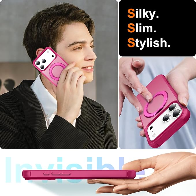 360° Magnetic Swivel Ring for iPhone 17 pro max case, Built-in Metal Stand and Ring Holder, Magsafe Compatible, Military Grade Protection, Shockproof - Rose Pink