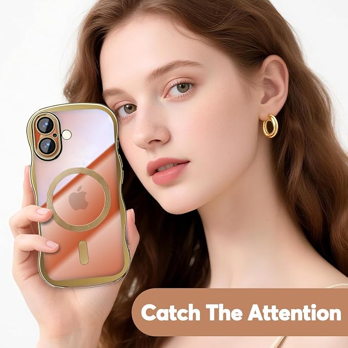 Misscase for iPhone 17 Case with Privacy Screen Protector,Compatible with MagSafe,Cute Wave Frame Anti-Scratch Case with Camera Lens Protector Plating Bling Case for iPhone 17 6.3" Women Gold