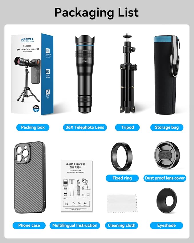 Evil eye 36X Telephoto Lens for iPhone 15, High Power HD Telephoto Phone Lens with Tripod, Phone Lens Attachments for Travel, Concert, Exploration