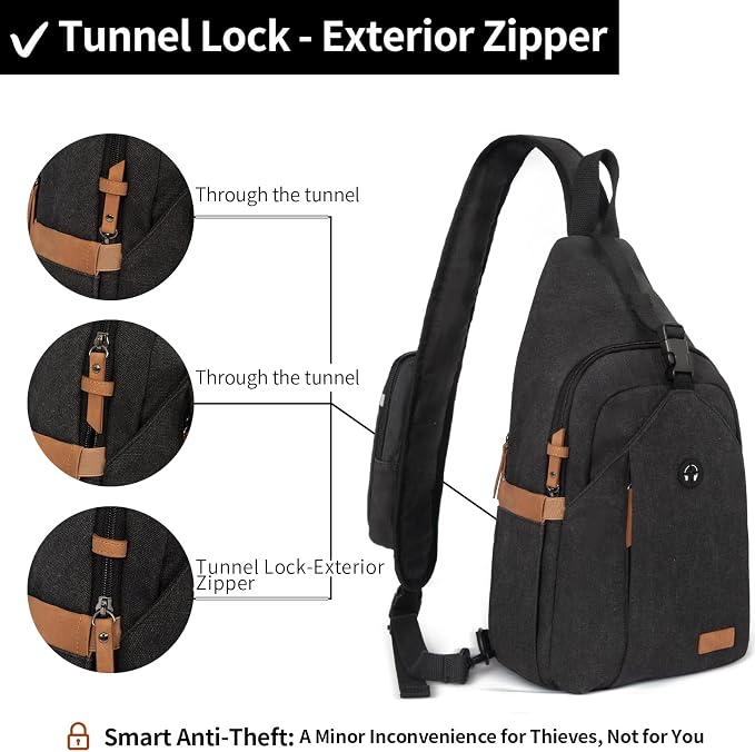 OSOCE Sling Bag for Men, Anti Theft Crossbody with Tunnel Lock, Waterproof Canvas Shoulder Backpack for Travel Hiking Daily