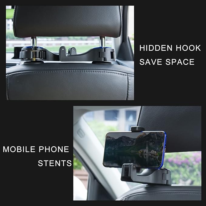 2 in 1 Car Seat Hook with Phone Holder, Universal 360° Swivel Headrest Hook, Handbag Holder Hanger Storage Box, Silent, Drop Resistant and Universal Fit